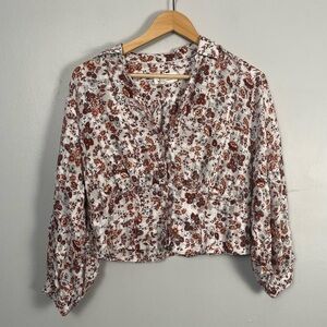 Anthropologie floral button crop long sleeve blouse size medium cream/brown